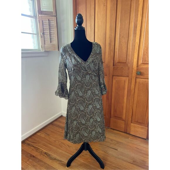 J. Jill 100% Silk Green Paisley Crepe Wrap Midi Dress Size 6 - Picture 1 of 7